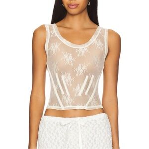 Yuhan Wang Fishbone Lace Top - Off White Ivory Sheer Stretch Lace Sleeveless Top